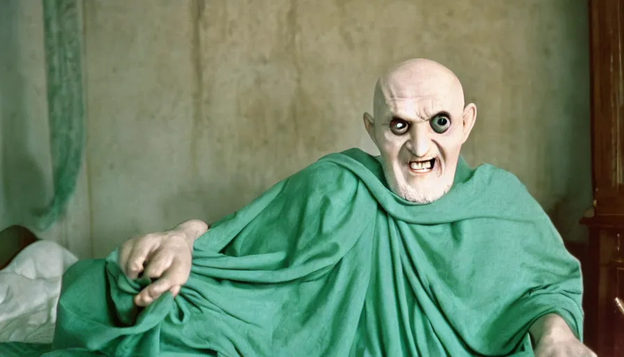 Prompt: 1 9 6 0 s movie still of chrysippus in hysterical laughing in green drapery in a ancient greek bedroom, cinestill 8 0 0 t 3 5 mm, high quality, heavy grain, high detail, texture, dramatic light, anamorphic, hyperrealistic