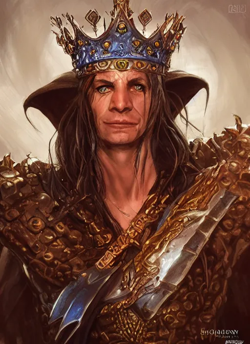 Image similar to goblin king wearing crown, ultra detailed fantasy, dndbeyond, bright, colourful, realistic, dnd character portrait, full body, pathfinder, pinterest, art by ralph horsley, dnd, rpg, lotr game design fanart by concept art, behance hd, artstation, deviantart, hdr render in unreal engine 5