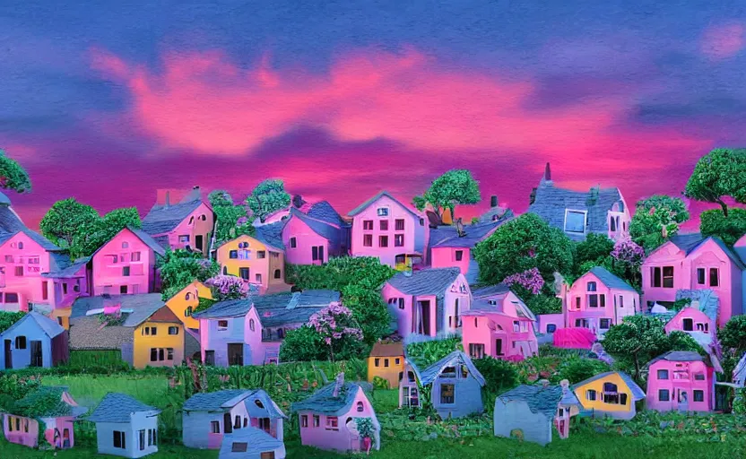 Prompt: village, houses with faces, sunset atmosphere, pink, low contrast, naive, detailed, photorealistic imagery