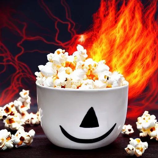 Image similar to fluffy popcorn hit by lightning, elemental spirit, in the style of a manga character, with a smiling face and flames for hair, sitting on a lotus flower, white background, simple, clean composition, symmetrical