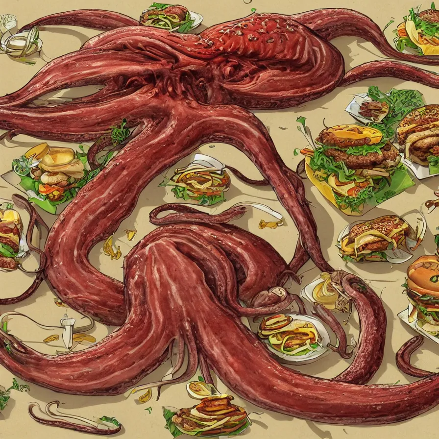 Image similar to a beautiful ultra detailed anatomical illustration of a giant squid holding many burgers, tentacles wrapped around burgers, artstation, 8 k