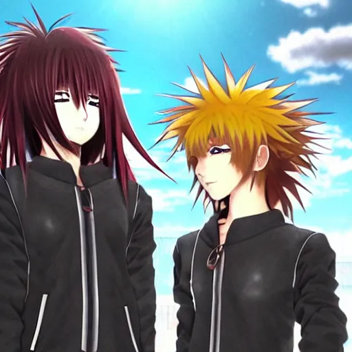 Image similar to orange - haired anime boy, 1 7 - year - old anime boy with wild spiky hair, standing next to 1 7 - year - old pale - skinned persian girl with black hair long bob cut, long bangs, black gothic jacket, ultra - realistic, sharp details, subsurface scattering, blue sunshine, intricate details, hd anime, 2 0 1 9 anime