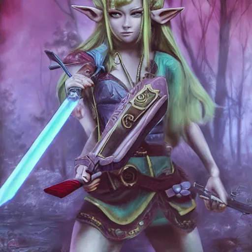 Prompt: detailed princess zelda slaying zombies ntricate, hyper detailed, realistic, oil painting, cinematic lighting