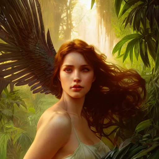 Image similar to a female angel, jungle, dramatic light, intricate, highly detailed, digital painting, artstation, concept art, smooth, sharp focus, illustration, unreal engine 5, 8 k, art by artgerm and greg rutkowski and alphonse mucha
