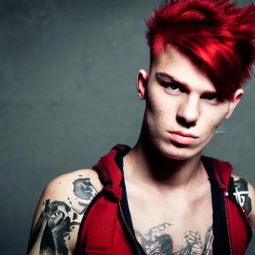 Prompt: young man with a short red dyed mohawk, red eyes and a slim face, dressed in punk clothing, headshot photo, attractive, handsome, in color, no makeup, model