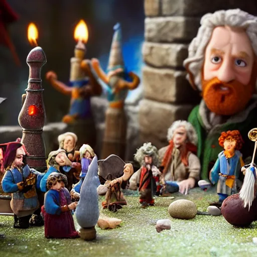 Image similar to claymation of bilbo's birthday party, gandalf, fireworks, frodo, pippin, merry, gritty, tilt shift, award winning, highly textured, very detailed