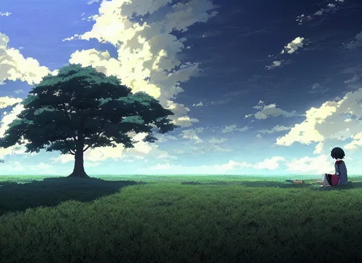 Image similar to the last thing you see before you fall asleep, wide shot, peaceful and serene, incredible perspective, anime scenery by Makoto Shinkai and studio ghibli, very detailed