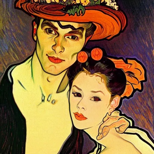 Image similar to painting of handsome young beautiful jeff and gorgeous rina together at the jack o'lantern halloween party, elegant, soft features, delicate facial features, clear, painting, stylized, art, art by alphonse mucha, vincent van gogh, egon schiele,