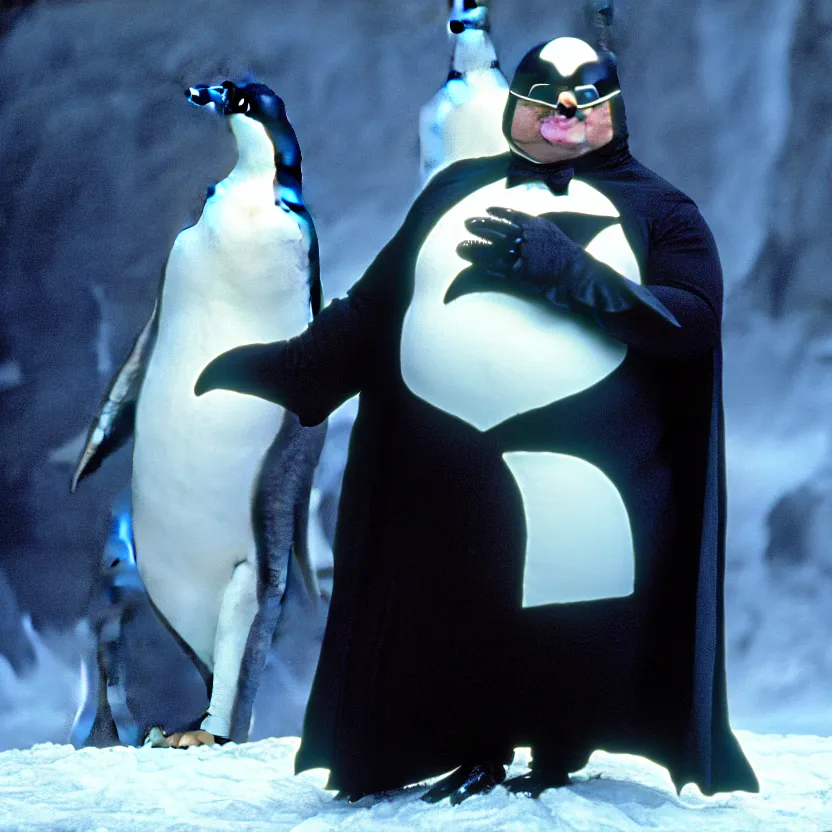 Image similar to jack black as the penguin in batman returns, movie still, 8 k,