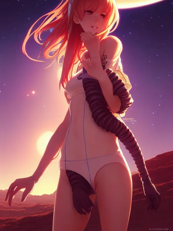 Prompt: full body picture of a cat ear girl on the mars, bored, beautiful and aesthetic, intricate, unreal engine, neat hair, highly detailed, detailed face, smooth, sharp focus, chiaroscuro, manga illustration, artgerm, greg rutkowski, ilya kuvshinov, rossdraws, alphonse mucha, young adult light novel cover art