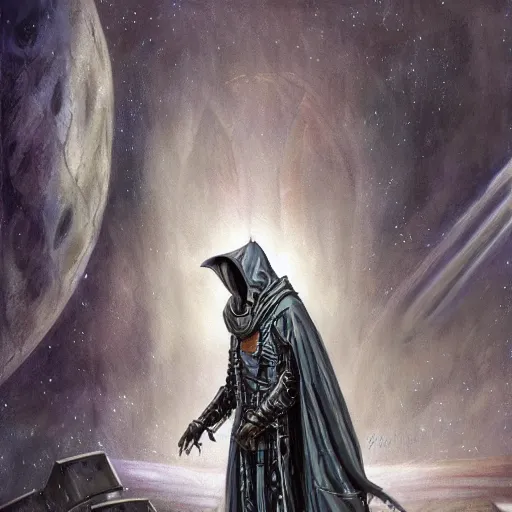 Image similar to tall thin gray - skinned brooding space elf nobleman in ornate hooded long dark cloak, on space station, highly detailed, mike mignogna, comic book, science fiction, dark tones, dark, rough paper, oil painting