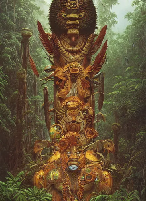 Image similar to a totem in the jungle representing amazonian shamanic tradition, tribal masks, totem, hyper detailed, art by christophe vacher