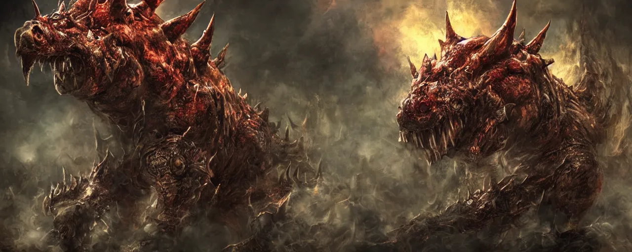 Image similar to concept art of bowser with huge horns and scales and talons, resident evil, horror, occult, terror, mist, volumetric render, digital painting, detailed painting