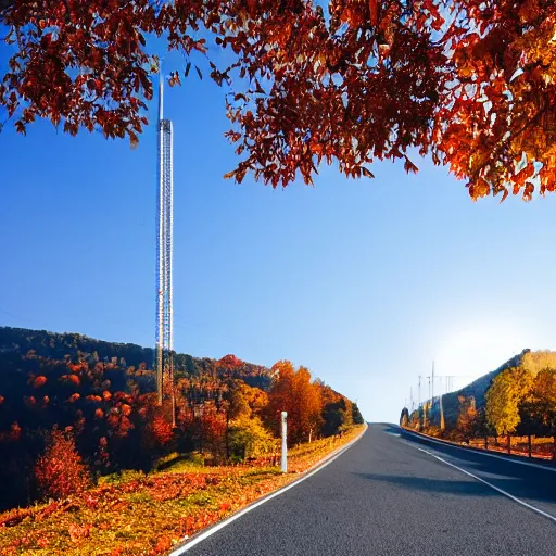 Prompt: a road next to warehouses, and a hill background with a radio tower on top, autumn