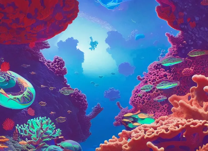 Image similar to a luminescent coral reef by paolo eleuteri serpieri and tomer hanuka and chesley bonestell and daniel merriam and tomokazu matsuyama and killian eng, unreal engine, high resolution render, featured on artstation, octane, 8 k, highly intricate details, vivid colors, vector illustration, rainbow colors