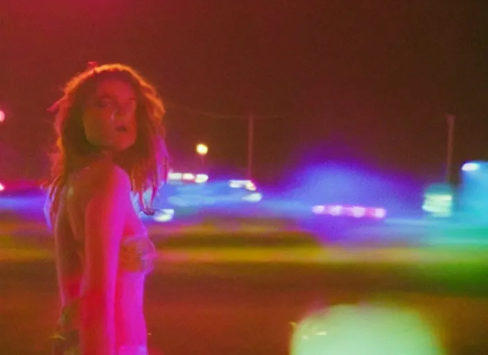 Image similar to Still image from the music video of Suburbia by Tove Lo, directed by Grant Spanier and shot on Kodak Ektachrome filmstock. Bokeh, colored gel lighting, nostalgia