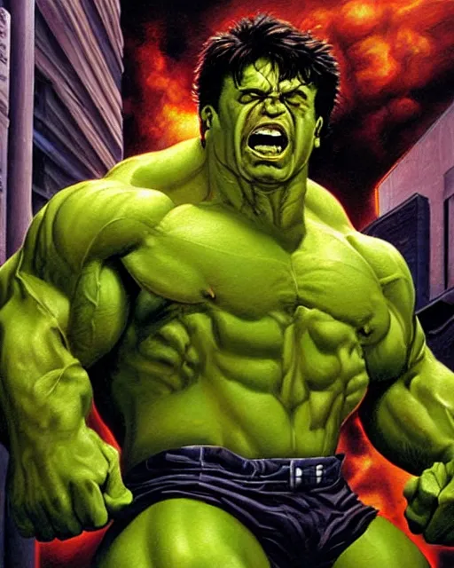 Image similar to a moody oil painting of the incredible hulk looking angry as he bursts through a wall at noon in a city by joe jusko.