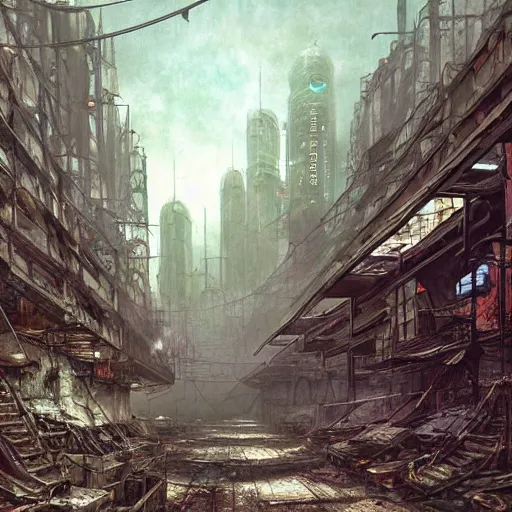 Prompt: photorealistic color image of 1970s science fiction Dark Souls concept art of abandoned cyberpunk underground city by, Bruegel, and Giger
