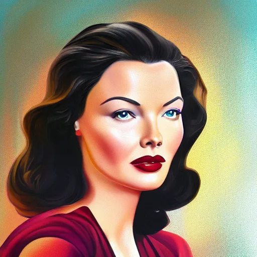 Image similar to young beautiful Gene Tierney color studio publicity photo , tight face shot portrait, highly detailed, digital painting, artstation, concept art, illustration, art , by John Clymer, in the style of John Clymer, painting by John Clymer