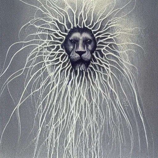 Prompt: lion's mane jellyfish, painted by Zdzisław Beksiński