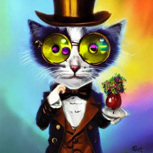 Prompt: cat with a monocle and top hat by bob ross and lisa frank and greg rutkowski