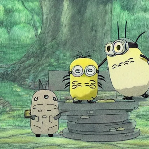 Image similar to minions in my neighbor totoro, miyazaki, anime,