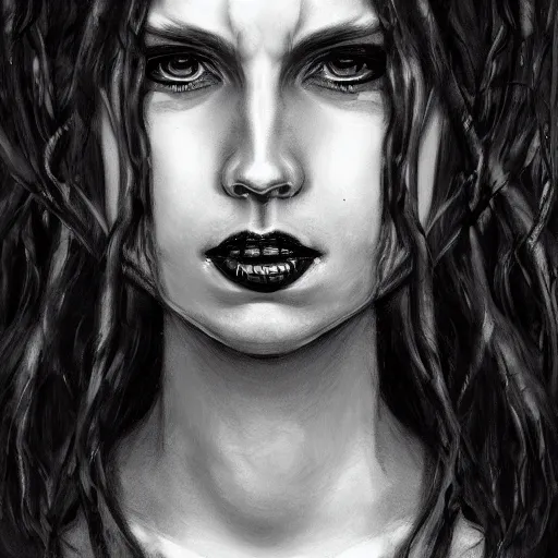 Prompt: medusa portrait painting, black and white, wicked grin, artstation, detailed, blurred background