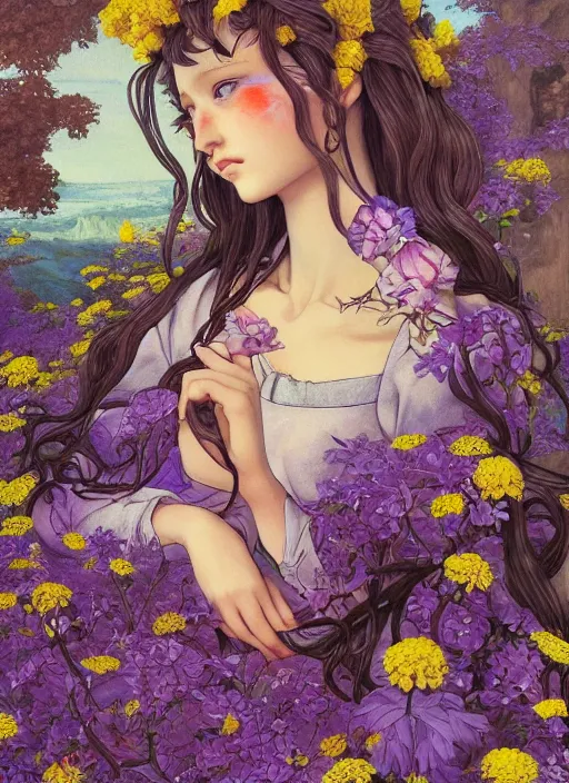 Image similar to elf girl wearing an flower suit, soft hair. light color palate, purple, yellow and white. detailed soft painting, ayami kojima, made in abyss, anatomically correct, ilya kuvshinov, inspired in balthus, high detailed face anime, vogue magazine, glorious composition, mobile wallpaper, mona lisa