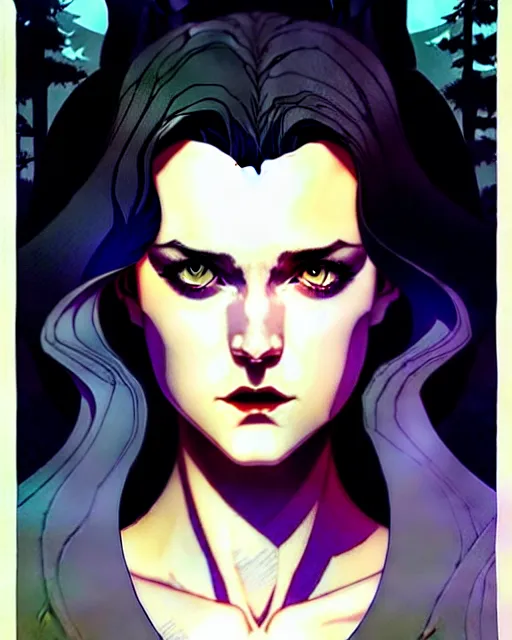 Prompt: artgerm, joshua middleton comic cover art, rafael albuquerque, full body pretty evan rachel wood ice queen, symmetrical eyes, symmetrical face, long curly black hair, beautiful forest, chiral lighting