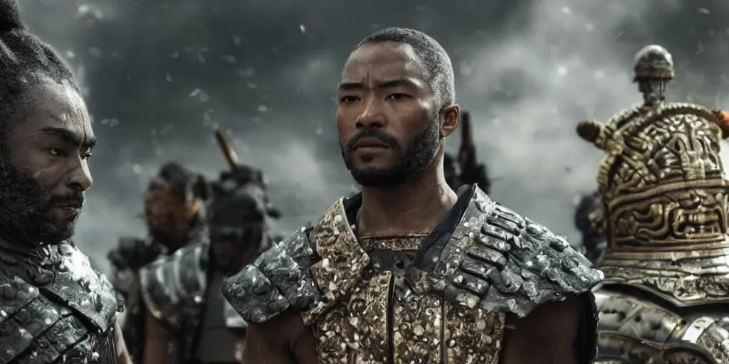 Image similar to a film still of a black man starring in a japanese blockbuster film as an ancient samurai, shallow depth of field, cinematic, award winning cgi, vfx, film still