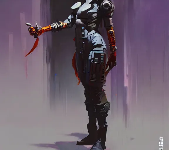 Prompt: Greg Manchess painting of a cyberpunk futuristic assassin-type character, japanese/african inspired, standing, digital art, trending on artstation, bold shapes, hard edges, street art, by Huang Guangjian and Doug Cjiang and Yoshimitszu and Glyn Dillon