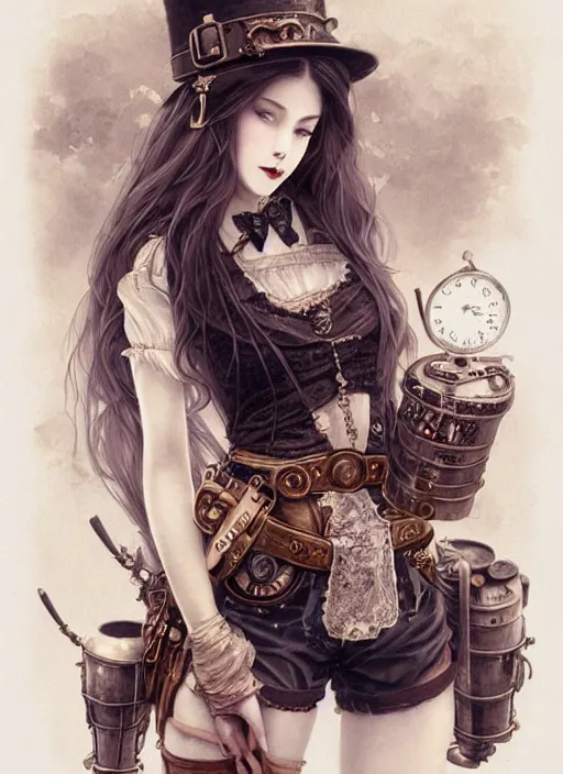 Prompt: daguerreotype of beautiful steampunk girl, white skin, long brunette hair, lipstick, short pants, belts, black croptop, junkyard, high fantasy, highly detailed, digital illustration, by rossdraws, sakimichan frank franzzeta