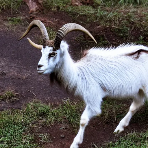 Prompt: nature cam capture of a feral, rabid goat, 4k