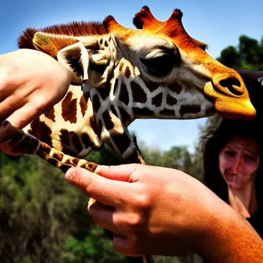 Image similar to human holds giraffe on his palm. photography