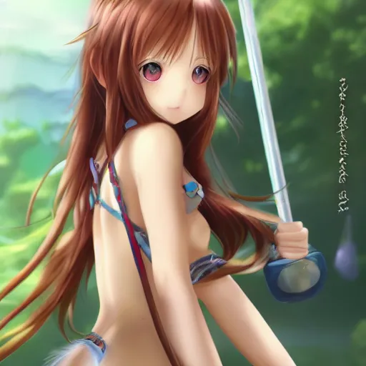 Image similar to a giant macro very beautiful young yuuki asuna, full body, long wavy hair, sky blue eyes, full round face, bikini, miniskirt, standing next to a dwarf, cinematic wallpaper by stanley artgerm lau