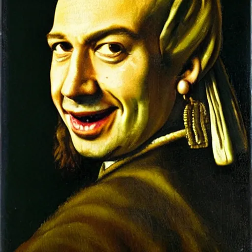 Image similar to a portrait of Benjamin Netanyahu smiling with a pearl earing in the style of Johannes Vermeer