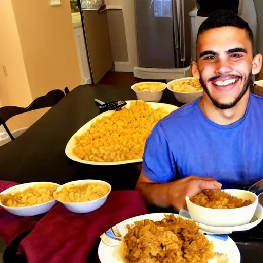 Image similar to short curly haired mixed hispanic 2 0 year old with a huge underbite is excited to feast on chicken, pork, beef, mac and cheese on the table in front of him