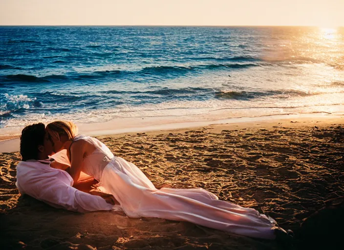 Image similar to A hyper realistic and detailed photography of a couple kissing from movie Here to Eternity, laying on secluded beach. by Cameron Hammond. Cinematic. Golden Hour. Kodak Portra 400. Lens flare. 35mm lens