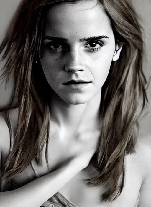 Prompt: photo emma watson standing looking at the camera, photo in the style of petter hegre, very intricate photorealistic
