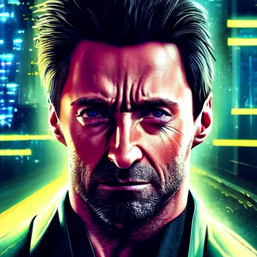 Image similar to hugh jackman portrait, cyberpunk 2 0 7 7, photorealistic, ultra detailed, neon, octane, bokeh, cinematic lighting, cyber, cyberpunk city, studio quality, feature, scars, cyberface, 8 k