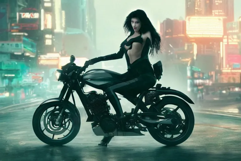 Prompt: cinematography of beautiful cyberpunk woman on motorcycle by Emmanuel Lubezki