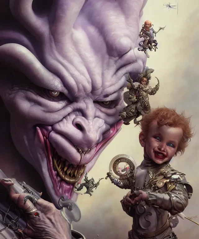 Image similar to beautiful portrait of evil fantasy baby joker, ultra realistic, wide angle, intricate details, the fifth element artifacts, highly detailed by peter mohrbacher, hajime sorayama, wayne barlowe, boris vallejo, aaron horkey, gaston bussiere, craig mullins