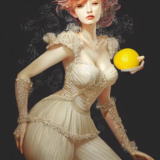 Image similar to the portrait of an absurdly beautiful, graceful, elegant, sophisticated, young idol made up of lemons, an ultrafine hyperdetailed illustration by kim jung gi, irakli nadar, intricate linework, bright colors, octopath traveler, final fantasy, unreal engine 5 highly rendered, global illumination, radiant light, detailed and intricate environment