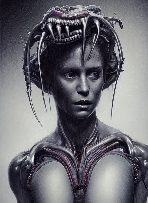 Image similar to a hyper detailed chest and head portrait of ellen ripley becoming a xenomorph, by tom bagshaw, by zdzisław beksinski, trending on artstation