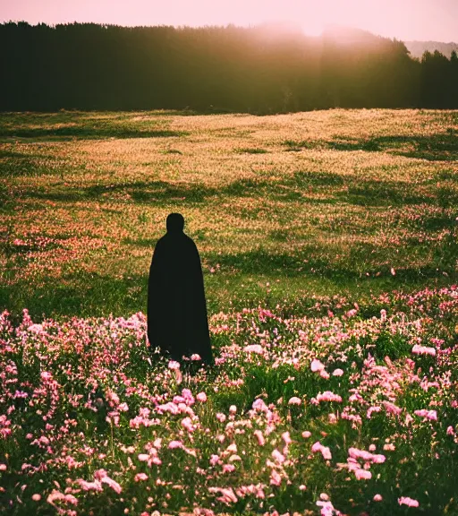 Prompt: tall hooded shadow person figure standing in distance at beautiful meadow of flowers, film photo, grainy, high detail, high resolution