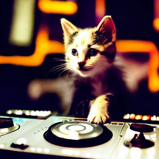 Image similar to a photo of a kitten DJing at a disco, cat, music, DJ, vinyl, headphones, dance