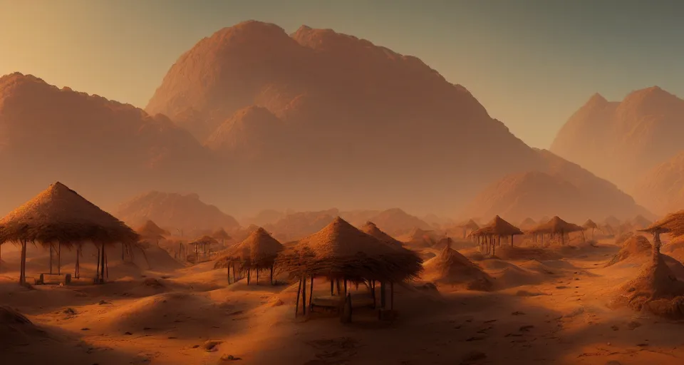 Image similar to a distant desert village, no mountains, artstation, cgsociety