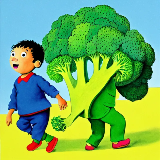 Image similar to professional kids book illustration of a Spanish !toddler! boy walking with a friendly anthropomorphic broccoli, best on artstation,, astonishing, impressive, outstanding, cheerful, stunning, masterpiece by Maurice Sendak, Eric Carle, and Beatrix Potter.