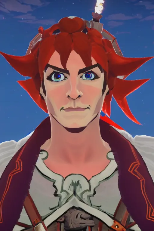 Image similar to an in game portrait of zagreus from hades in the legend of zelda breath of the wild, breath of the wild art style.