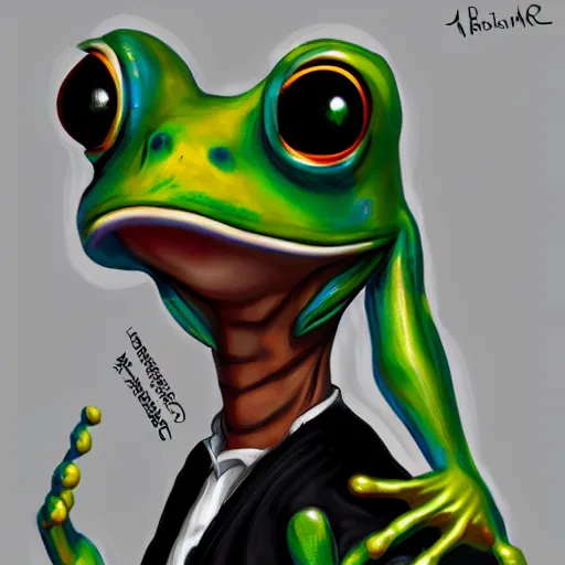 Image similar to Beautiful portrait digital painting, oil painting, anthro anthropomorphic frog androgynous , at a lake anarchist anarcho-punk Punk Punk outfit. furaffinity, artstation